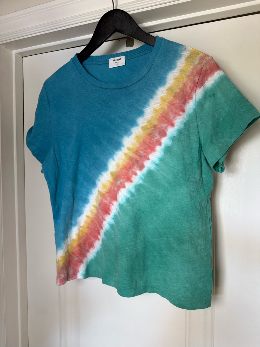Re/Done Diagonal Tie-Dye Short Sleeve Tee in Teal, Green & Coral